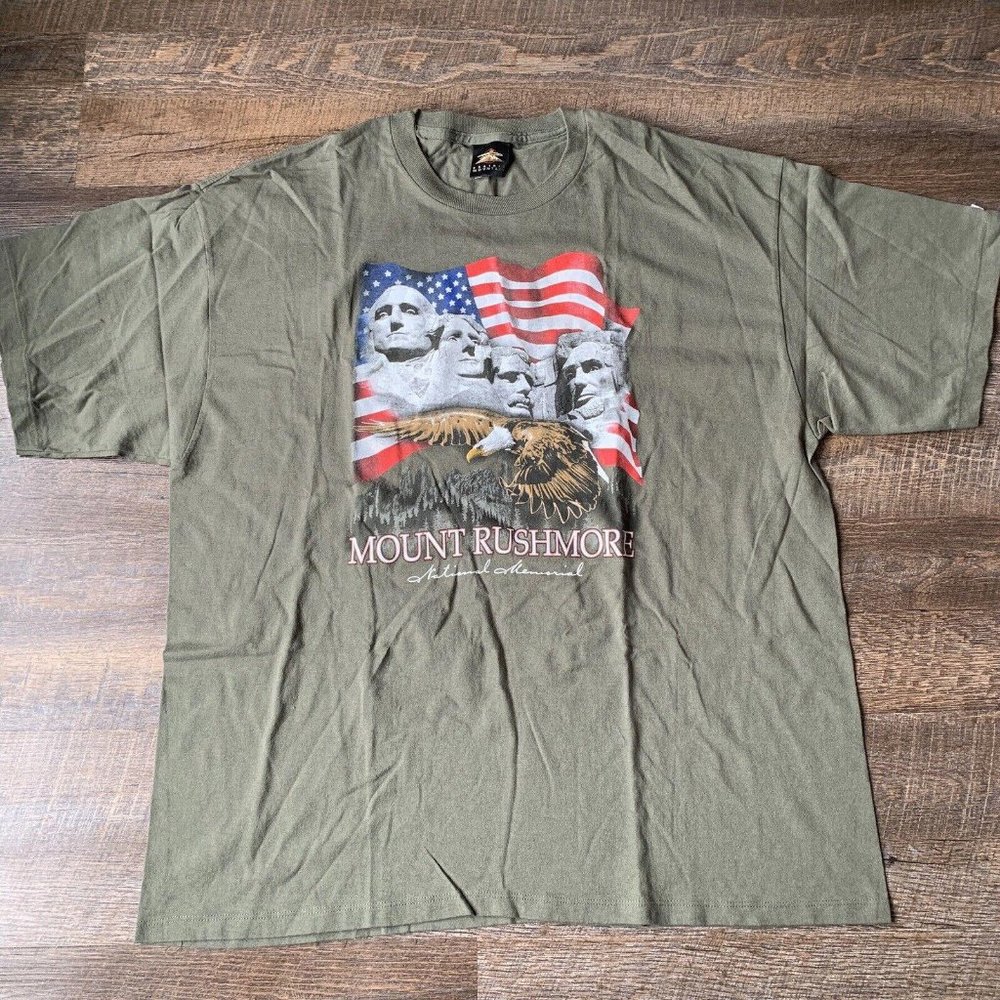 Vtg 90s Size XXL Prairie Mountain Mount Rushmore Tee Green Big Print T Shirt